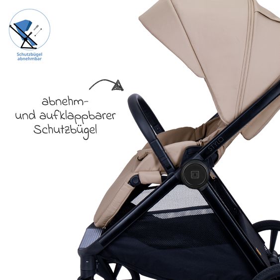 Moon 2 in 1 Kombi-Kinderwagen Stylo bis 22 kg mit Liegeposition, Teleskopschieber, Wickelrucksack, Adapter & Regenschutz - Sand