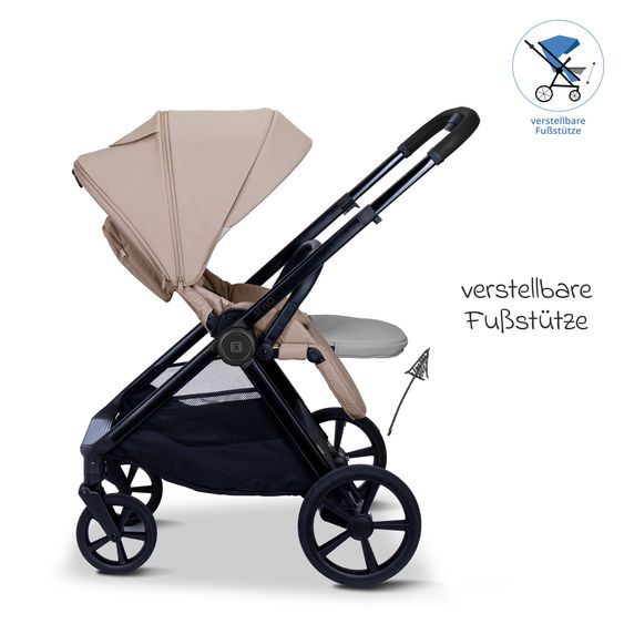 Moon 2 in 1 Kombi-Kinderwagen Stylo bis 22 kg mit Liegeposition, Teleskopschieber, Wickelrucksack, Adapter & Regenschutz - Sand