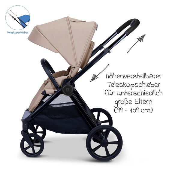 Moon 2 in 1 Kombi-Kinderwagen Stylo bis 22 kg mit Liegeposition, Teleskopschieber, Wickelrucksack, Adapter & Regenschutz - Sand