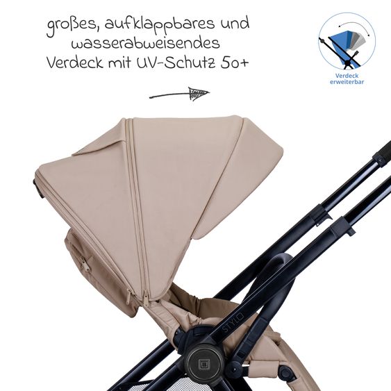 Moon 2 in 1 Kombi-Kinderwagen Stylo bis 22 kg mit Liegeposition, Teleskopschieber, Wickelrucksack, Adapter & Regenschutz - Sand
