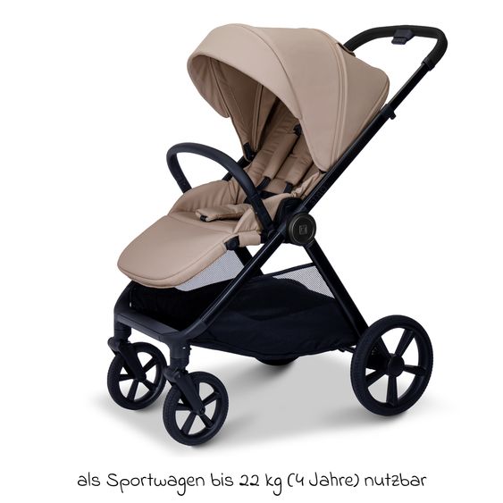 Moon 2 in 1 Kombi-Kinderwagen Stylo bis 22 kg mit Liegeposition, Teleskopschieber, Wickelrucksack, Adapter & Regenschutz - Sand