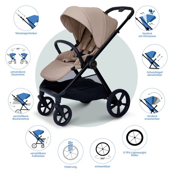 Moon 2 in 1 Kombi-Kinderwagen Stylo bis 22 kg mit Liegeposition, Teleskopschieber, Wickelrucksack, Adapter & Regenschutz - Sand