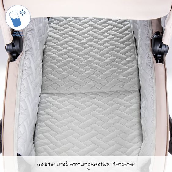 Moon 2 in 1 Kombi-Kinderwagen Stylo bis 22 kg mit Liegeposition, Teleskopschieber, Wickelrucksack, Adapter & Regenschutz - Sand