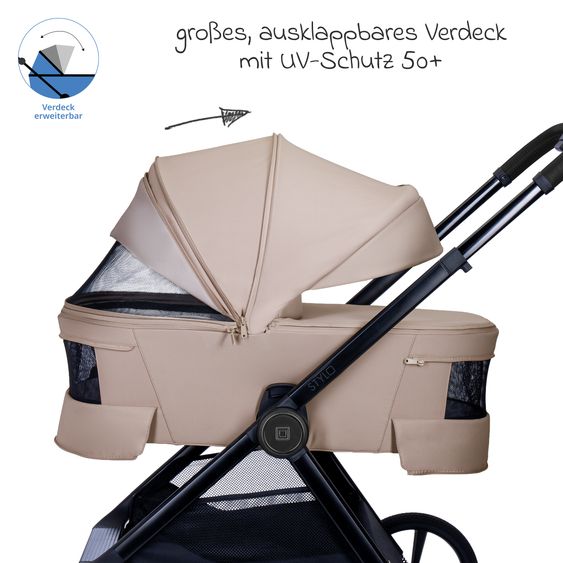 Moon 2 in 1 Kombi-Kinderwagen Stylo bis 22 kg mit Liegeposition, Teleskopschieber, Wickelrucksack, Adapter & Regenschutz - Sand