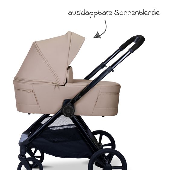 Moon 2 in 1 Kombi-Kinderwagen Stylo bis 22 kg mit Liegeposition, Teleskopschieber, Wickelrucksack, Adapter & Regenschutz - Sand