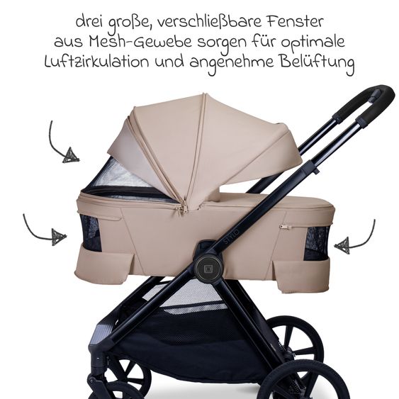 Moon 2 in 1 Kombi-Kinderwagen Stylo bis 22 kg mit Liegeposition, Teleskopschieber, Wickelrucksack, Adapter & Regenschutz - Sand