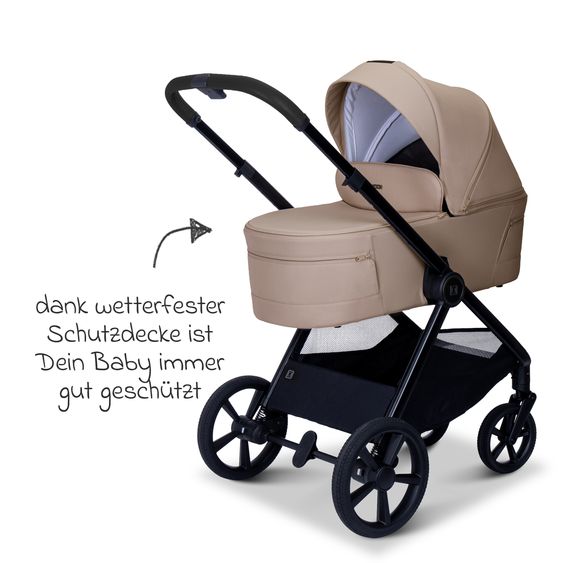 Moon 2 in 1 Kombi-Kinderwagen Stylo bis 22 kg mit Liegeposition, Teleskopschieber, Wickelrucksack, Adapter & Regenschutz - Sand