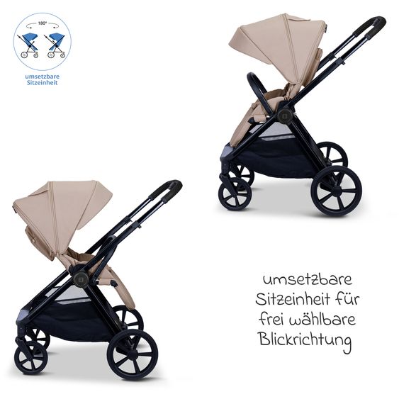 Moon 2 in 1 Kombi-Kinderwagen Stylo bis 22 kg mit Liegeposition, Teleskopschieber, Wickelrucksack, Adapter & Regenschutz - Sand
