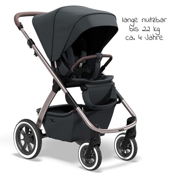 Moon Passeggino combinato 2in1 Relaxx Edition con sedile sportivo, navicella e materassino, ruote pneumatiche - fino a 22 kg - Grigio antracite lucido