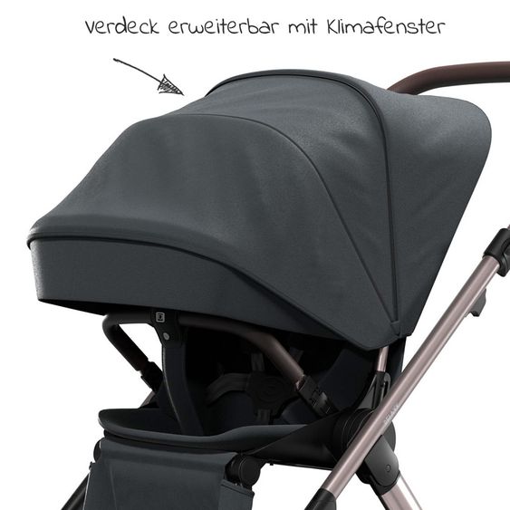 Moon Passeggino combinato 2in1 Relaxx Edition con sedile sportivo, navicella e materassino, ruote pneumatiche - fino a 22 kg - Grigio antracite lucido