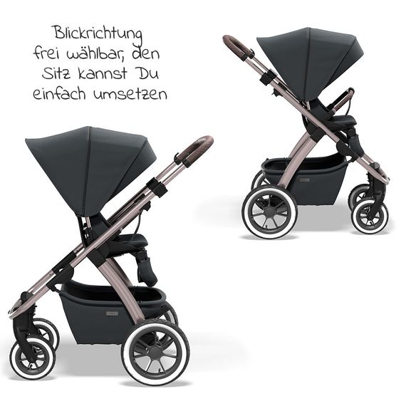 Moon Passeggino combinato 2in1 Relaxx Edition con sedile sportivo, navicella e materassino, ruote pneumatiche - fino a 22 kg - Grigio antracite lucido