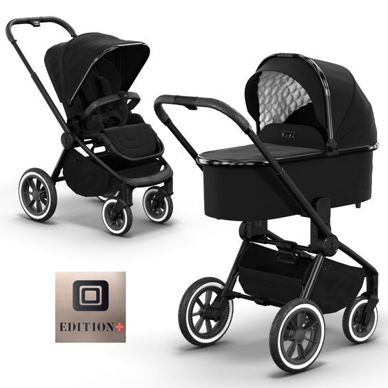 Moon 2in1 Kombi-Kinderwagen Resea S Edition + mit Lufträder, Babywanne, Sportsitz & Teleskopschieber - bis 22 kg - Black Black Chrome