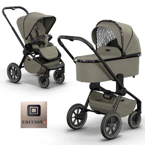 Moon 2in1 Kombi-Kinderwagen Resea S Edition + mit Lufträder, Babywanne, Sportsitz & Teleskopschieber - bis 22 kg - Moss Grenn Black Chrome