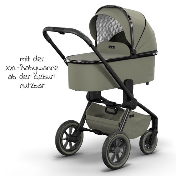 Moon 2in1 Kombi-Kinderwagen Resea S Edition + mit Lufträder, Babywanne, Sportsitz & Teleskopschieber - bis 22 kg - Moss Grenn Black Chrome