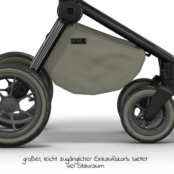 Moon 2in1 Kombi-Kinderwagen Resea S Edition + mit Lufträder, Babywanne, Sportsitz & Teleskopschieber - bis 22 kg - Moss Grenn Black Chrome