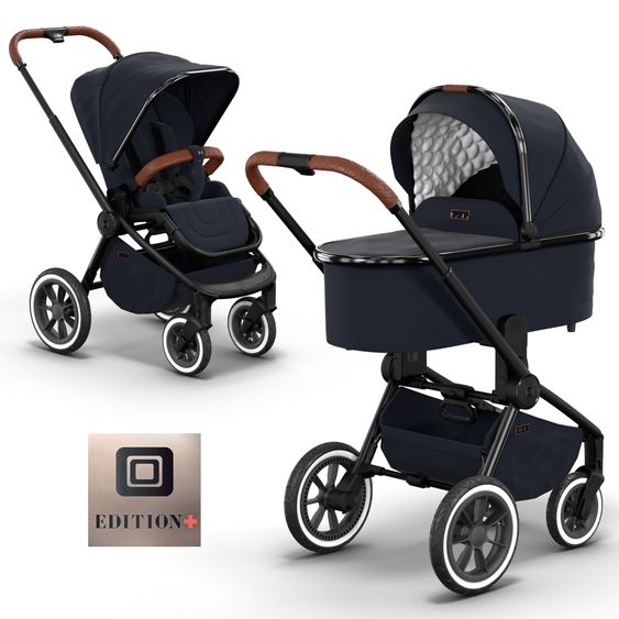Moon 2in1 Kombi-Kinderwagen Resea S Edition + mit Lufträder, Babywanne, Sportsitz & Teleskopschieber - bis 22 kg - Navy Silver Chrome