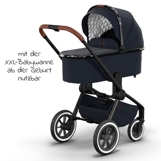 Moon 2in1 Kombi-Kinderwagen Resea S Edition + mit Lufträder, Babywanne, Sportsitz & Teleskopschieber - bis 22 kg - Navy Silver Chrome