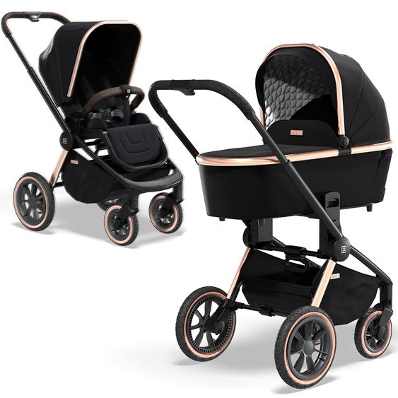 Moon 2in1 Kombi-Kinderwagen Resea S Edition mit Sportsitz, Babywanne & Matratze, Lufträder - bis 22 kg - Black Rose Gold