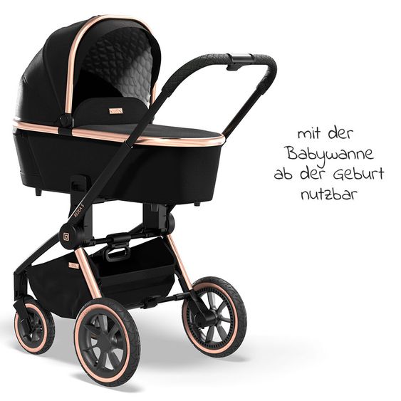 Moon 2in1 Kombi-Kinderwagen Resea S Edition mit Sportsitz, Babywanne & Matratze, Lufträder - bis 22 kg - Black Rose Gold