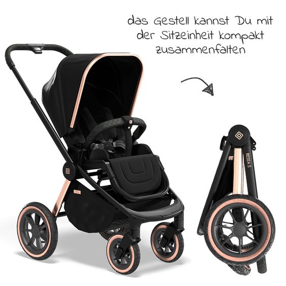 Moon 2in1 Kombi-Kinderwagen Resea S Edition mit Sportsitz, Babywanne & Matratze, Lufträder - bis 22 kg - Black Rose Gold