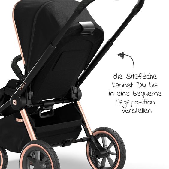 Moon 2in1 Kombi-Kinderwagen Resea S Edition mit Sportsitz, Babywanne & Matratze, Lufträder - bis 22 kg - Black Rose Gold