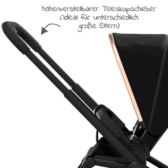 Moon 2in1 Kombi-Kinderwagen Resea S Edition mit Sportsitz, Babywanne & Matratze, Lufträder - bis 22 kg - Black Rose Gold