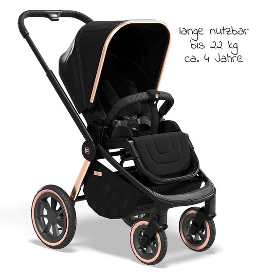 Moon 2in1 Kombi-Kinderwagen Resea S Edition mit Sportsitz, Babywanne & Matratze, Lufträder - bis 22 kg - Black Rose Gold