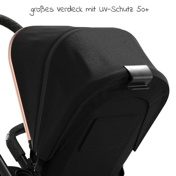 Moon 2in1 Kombi-Kinderwagen Resea S Edition mit Sportsitz, Babywanne & Matratze, Lufträder - bis 22 kg - Black Rose Gold