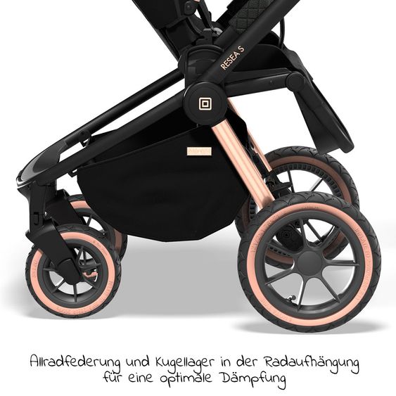 Moon 2in1 Kombi-Kinderwagen Resea S Edition mit Sportsitz, Babywanne & Matratze, Lufträder - bis 22 kg - Black Rose Gold