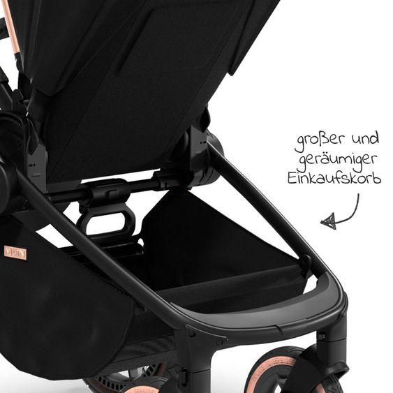 Moon 2in1 Kombi-Kinderwagen Resea S Edition mit Sportsitz, Babywanne & Matratze, Lufträder - bis 22 kg - Black Rose Gold