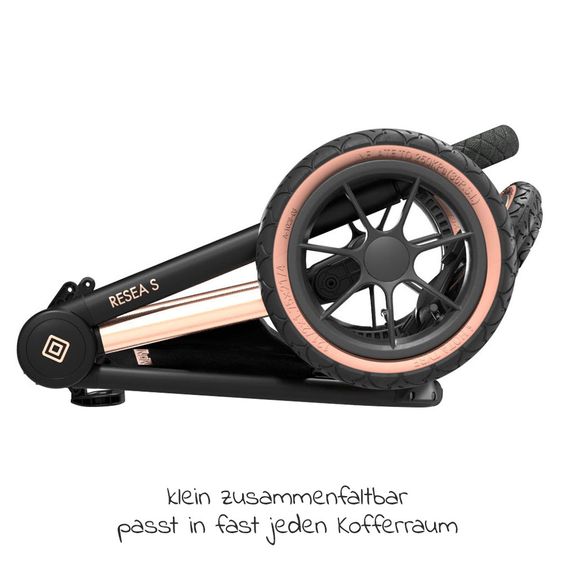 Moon 2in1 Kombi-Kinderwagen Resea S Edition mit Sportsitz, Babywanne & Matratze, Lufträder - bis 22 kg - Black Rose Gold