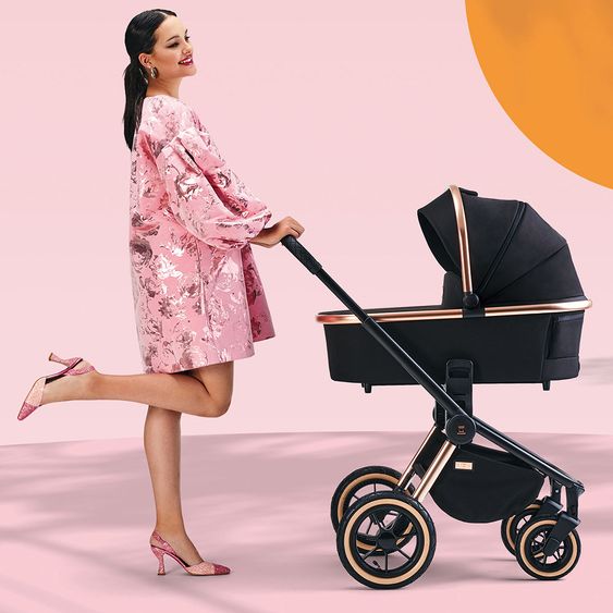 Moon 2in1 Kombi-Kinderwagen Resea S Edition mit Sportsitz, Babywanne & Matratze, Lufträder - bis 22 kg - Black Rose Gold