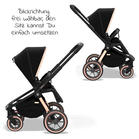 Moon 2in1 Kombi-Kinderwagen Resea S Edition mit Sportsitz, Babywanne & Matratze, Lufträder - bis 22 kg - Black Rose Gold