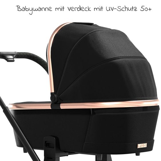 Moon 2in1 Kombi-Kinderwagen Resea S Edition mit Sportsitz, Babywanne & Matratze, Lufträder - bis 22 kg - Black Rose Gold