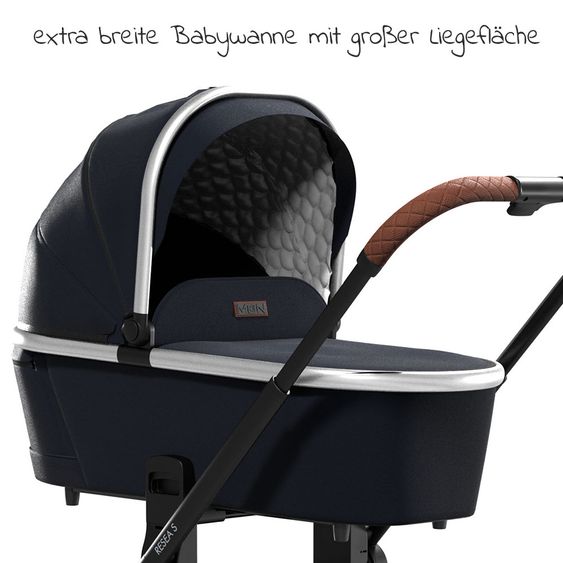 Moon 2in1 Kombi-Kinderwagen Resea S Edition mit Sportsitz, Babywanne & Matratze, Lufträder - bis 22 kg - Navy Silver Polish