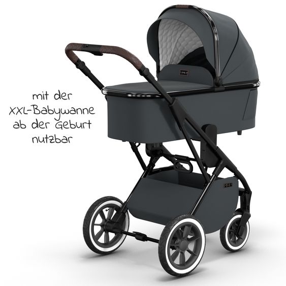 Moon 2in1 Kombi-Kinderwagen Rocca Edition + mit Lufträder, Babywanne, Sportsitz, Teleskopschieber & Matratze - bis 22 kg - Anthrazit Black Chrome