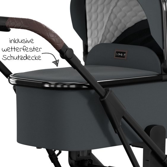 Moon 2in1 Kombi-Kinderwagen Rocca Edition + mit Lufträder, Babywanne, Sportsitz, Teleskopschieber & Matratze - bis 22 kg - Anthrazit Black Chrome