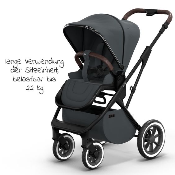 Moon 2in1 Kombi-Kinderwagen Rocca Edition + mit Lufträder, Babywanne, Sportsitz, Teleskopschieber & Matratze - bis 22 kg - Anthrazit Black Chrome