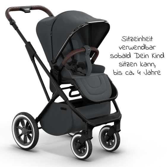 Moon 2in1 Kombi-Kinderwagen Rocca Edition + mit Lufträder, Babywanne, Sportsitz, Teleskopschieber & Matratze - bis 22 kg - Anthrazit Black Chrome
