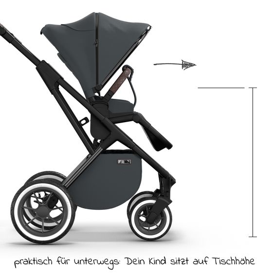 Moon 2in1 Kombi-Kinderwagen Rocca Edition + mit Lufträder, Babywanne, Sportsitz, Teleskopschieber & Matratze - bis 22 kg - Anthrazit Black Chrome
