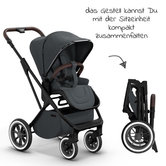 Moon 2in1 Kombi-Kinderwagen Rocca Edition + mit Lufträder, Babywanne, Sportsitz, Teleskopschieber & Matratze - bis 22 kg - Anthrazit Black Chrome