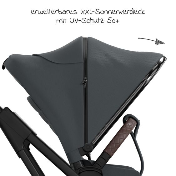 Moon 2in1 Kombi-Kinderwagen Rocca Edition + mit Lufträder, Babywanne, Sportsitz, Teleskopschieber & Matratze - bis 22 kg - Anthrazit Black Chrome