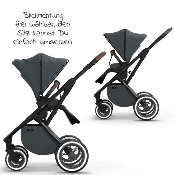 Moon 2in1 Kombi-Kinderwagen Rocca Edition + mit Lufträder, Babywanne, Sportsitz, Teleskopschieber & Matratze - bis 22 kg - Anthrazit Black Chrome