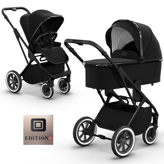 Moon 2in1 Kombi-Kinderwagen Rocca Edition + mit Lufträder, Babywanne, Sportsitz, Teleskopschieber & Matratze - bis 22 kg - Black Black Chrome