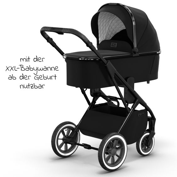 Moon 2in1 Kombi-Kinderwagen Rocca Edition + mit Lufträder, Babywanne, Sportsitz, Teleskopschieber & Matratze - bis 22 kg - Black Black Chrome