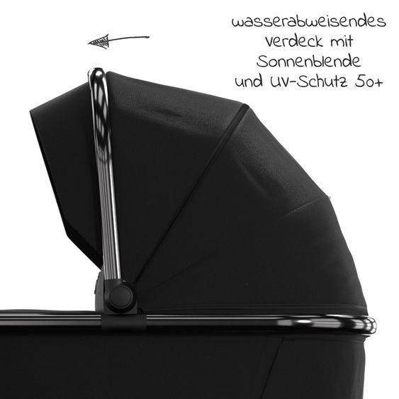 Moon 2in1 Kombi-Kinderwagen Rocca Edition + mit Lufträder, Babywanne, Sportsitz, Teleskopschieber & Matratze - bis 22 kg - Black Black Chrome