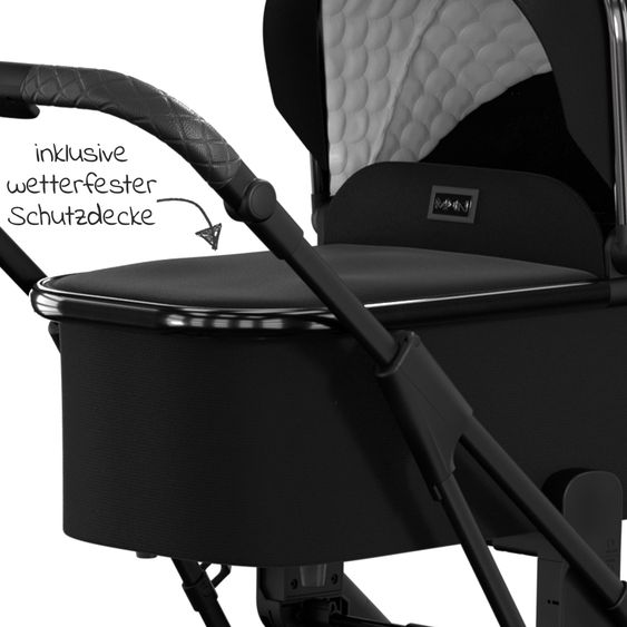 Moon 2in1 Kombi-Kinderwagen Rocca Edition + mit Lufträder, Babywanne, Sportsitz, Teleskopschieber & Matratze - bis 22 kg - Black Black Chrome