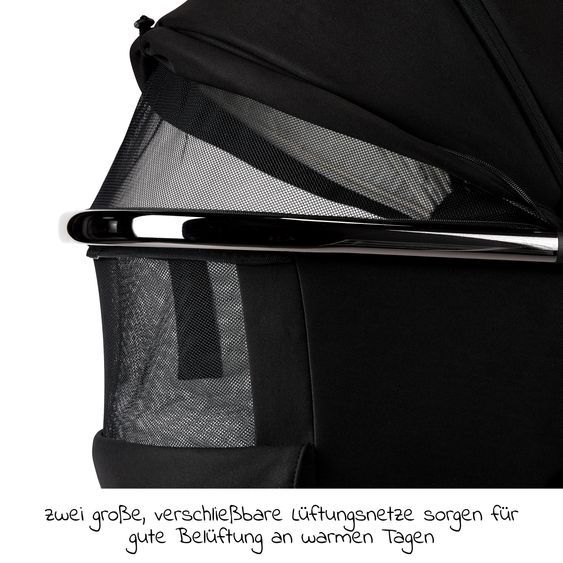 Moon 2in1 Kombi-Kinderwagen Rocca Edition + mit Lufträder, Babywanne, Sportsitz, Teleskopschieber & Matratze - bis 22 kg - Black Black Chrome