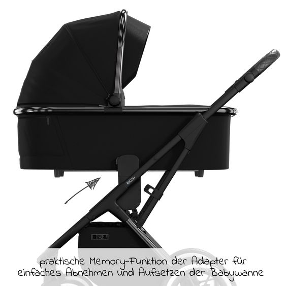 Moon 2in1 Kombi-Kinderwagen Rocca Edition + mit Lufträder, Babywanne, Sportsitz, Teleskopschieber & Matratze - bis 22 kg - Black Black Chrome
