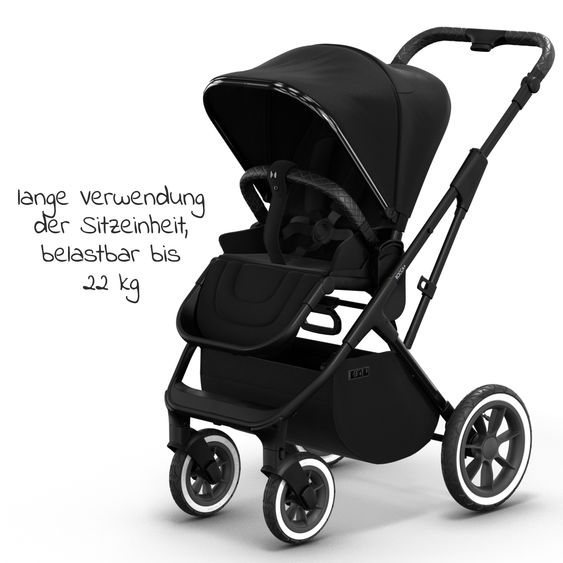 Moon 2in1 Kombi-Kinderwagen Rocca Edition + mit Lufträder, Babywanne, Sportsitz, Teleskopschieber & Matratze - bis 22 kg - Black Black Chrome